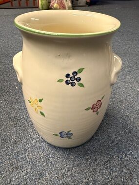 Cream Floral Ceramic Vase with Green Rim